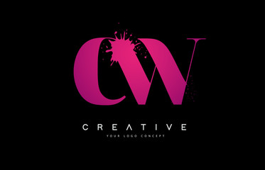 Purple Pink CW C W Letter Logo Design with Ink Watercolor Splash Spill Vector.