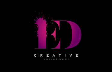 Purple Pink ED E D Letter Logo Design with Ink Watercolor Splash Spill Vector.