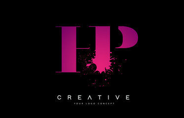 Purple Pink HP H P Letter Logo Design with Ink Watercolor Splash Spill Vector.