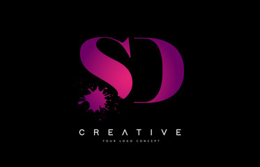 Purple Pink SD S D Letter Logo Design with Ink Watercolor Splash Spill Vector.
