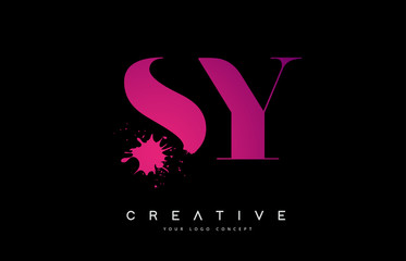 Purple Pink SY S Y Letter Logo Design with Ink Watercolor Splash Spill Vector.