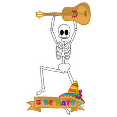 Cinco de mayo banner with a mexican skeleton and a guitar - Vector