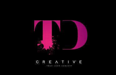 Purple Pink TD T D Letter Logo Design with Ink Watercolor Splash Spill Vector.