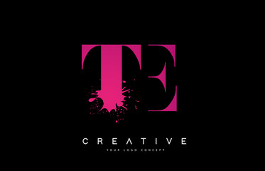Purple Pink TE T E Letter Logo Design with Ink Watercolor Splash Spill Vector.