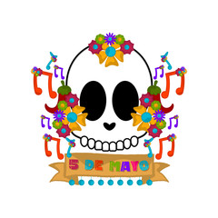 Cinco de mayo banner with a mexican skull and musical notes - Vector