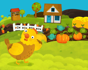 cartoon scene with hen on the farm near the wooden house - illustration for children