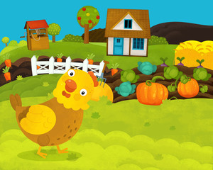 Obraz na płótnie Canvas cartoon happy and funny farm scene with happy hen - illustration for children