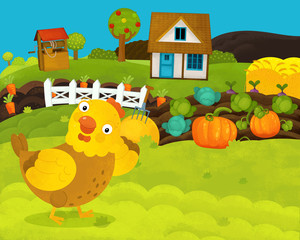 Fototapeta premium cartoon happy and funny farm scene with happy hen - illustration for children
