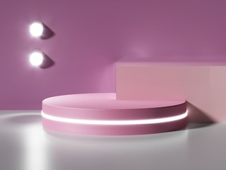 Round podium, pedestal or platform, illuminated by led spotlights. illustration. Bright lightpodium. Advertising place. Blank product stand and Abstract background with light. 3d Rendering.