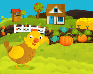 cartoon happy and funny farm scene with happy hen - illustration for children