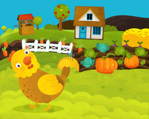 cartoon happy and funny farm scene with happy hen - illustration for children