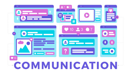 Vector illustration of a social media communication concept. The word communication with colorful cross-platform browser windows.