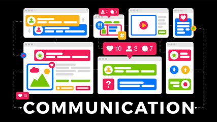Vector illustration of a social media communication concept. The word communication with colorful cross-platform browser windows.