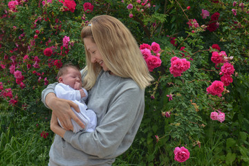 Young mother with a newborn child in the park near the bush with roses