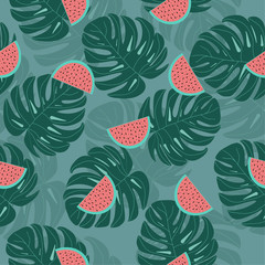 vector seamless pattern with pink watermelon palm leafs
