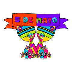 Cinco de mayo banner with a maracas and skulls - Vector