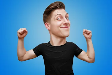 Fotobehang Funny caricature portrait casual, strong man with fashion hair style on blue background © Kryuchka Yaroslav