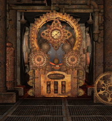 Fototapeta na wymiar Steampunk rusty room with a big cogwheel – 3D illustration