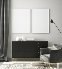 mock up poster frame in modern interior background, living room, Scandinavian style, 3D render, 3D illustration