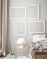 mock up poster frame in modern bedroom interior background, living room, Scandinavian style, 3D render, 3D illustration