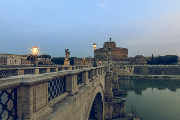 Cloudy sky over the Castle Sant Angelo in the center of the old town of Rome. Side view over the...