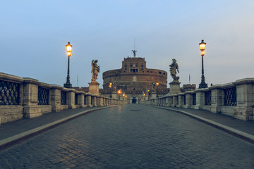 Aurelius Bridge with the Castle Sant Angelo in the morning at dusk. Central view of the stone...