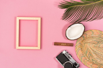 Beach ready, summer holiday vacation accessories on the beach