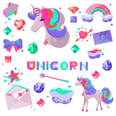 Set with a unicorn and pictures for stickers. Unicorn's head with closed eyes