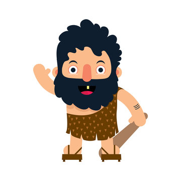 Character design. Cute primitive man with a baton. Brutal man waving his hand. Vector illustration in flat style.