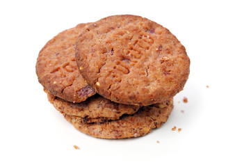 Biscuits with whole-wheat flour. Crunchy, grains  on white background