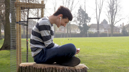 teen boy with smart phone listening or talking while sitting on stump in british park. teenager and social media concept