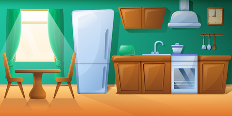 cozy cartoon kitchen with kitchen furniture, vector illustration