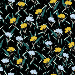 Floral seamless pattern. Trendy dark vector texture. Good for fashion print, fabric, wallpaper or your design. Hand drawing blue, yellow flowers, green pastel branches with leaves on black background