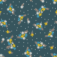 Blossom floral seamless pattern. Blooming botanical motifs scattered random. Trendy colorful vector texture. Good for fashion. Ditsy print. Hand drawn small flowers with leaves on blue background 