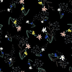 Blossom floral seamless pattern. Blooming botanical motifs scattered random. Vector texture with doodle elements. Good for fashion prints. Hand drawn colorful flowers with leaves on black background