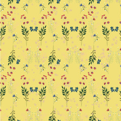 Blossom floral geometric seamless pattern. Blooming botanical motifs. Vector texture with doodle elements. Good for fashion prints. Hand drawn flowers with leaves, branches on yellow background
