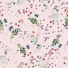 Blossom floral seamless pattern. Blooming botanical motifs scattered random. Vector texture with doodle elements. Good for fashion prints. Hand drawn flowers with leaves, branches on pink background