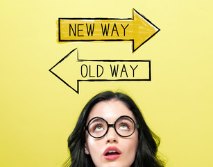 Old way or new way with young woman wearing eye glasses