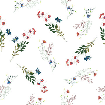 Blossom floral seamless pattern. Blooming botanical motifs scattered random. Vector texture with doodle elements. Good for fashion prints. Hand drawn flowers with leaves, branches on white background
