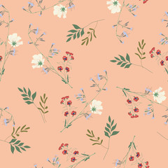 Blossom floral seamless pattern. Blooming botanical motifs scattered random. Vector texture with doodle elements. Good for fashion prints. Hand drawn wild flowers and branches on beige background