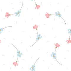 Romantic blossom floral seamless pattern. Blooming botanical motifs scattered random. Colorful vector texture. Good for fashion prints. Hand drawn small blue and pink flowers on white background 
