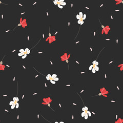Romantic blossom floral seamless pattern. Blooming botanical motifs scattered random. Colorful vector texture. Good for fashion prints. Hand drawn small red and white flowers on dark grey background 