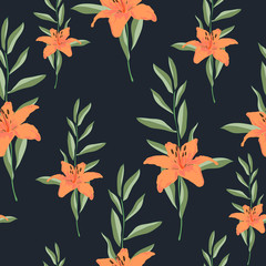 Lily flowers with green branches in pastel colors on dark background. Floral seamless pattern. Good for fashion prints. Blooming botanical motifs scattered random. Vector illustration for your design.