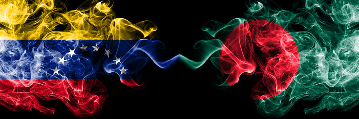 Venezuela vs Bangladesh, Bangladeshi smoky mystic flags placed side by side. Thick colored silky smoke flags of Venezuela and Bangladesh, Bangladeshi