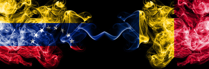 Venezuela vs Chad, Chadian smoky mystic flags placed side by side. Thick colored silky smoke flags of Venezuela and Chad, Chadian
