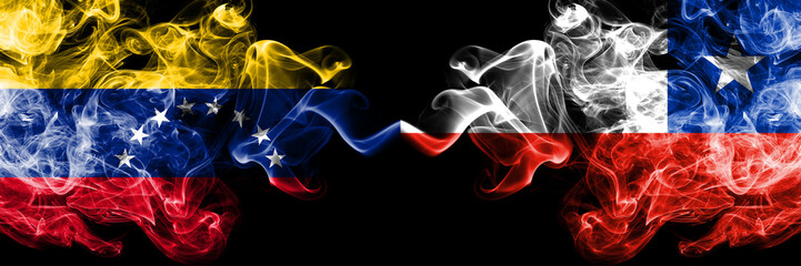 Venezuela vs Chile, Chilean smoky mystic flags placed side by side. Thick colored silky smoke flags of Venezuela and Chile, Chilean