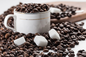 Coffee beans and sugar cubes