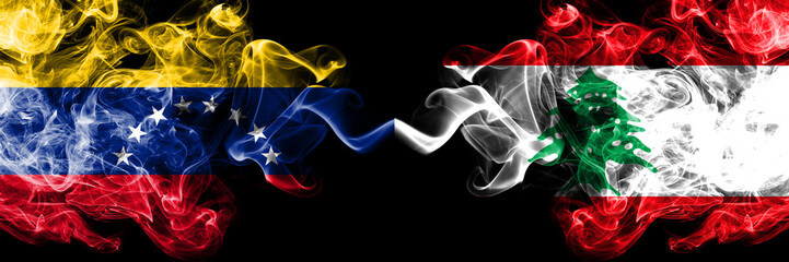 Venezuela vs Lebanon, Lebanese smoky mystic flags placed side by side. Thick colored silky smoke flags of Venezuela and Lebanon, Lebanese