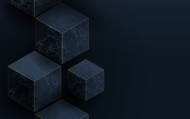 3D dark blue cubes and Marble texture. Abstract  luxury background