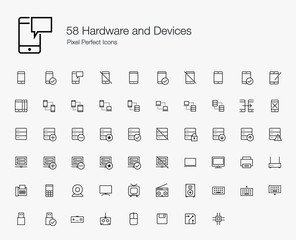 58 Hardware and Devices Pixel Perfect Icons (line style). Mobile devices, servers, computers, entertainment equipments, and all common hardware are found in this icon set.